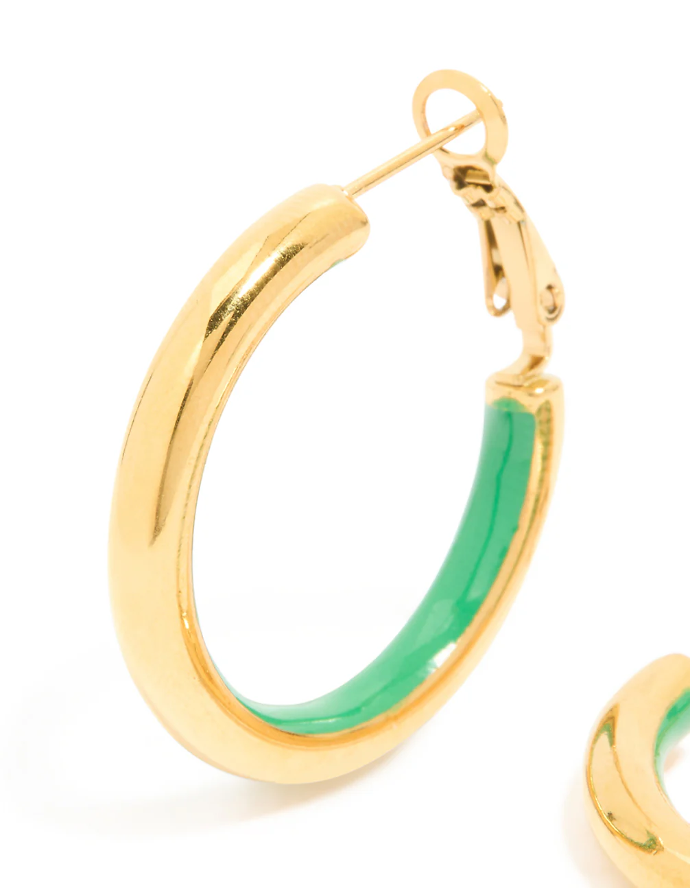 Waterproof Gold Plated Stainless Steel Half Green Enamel Hoop Earrings - Image 2