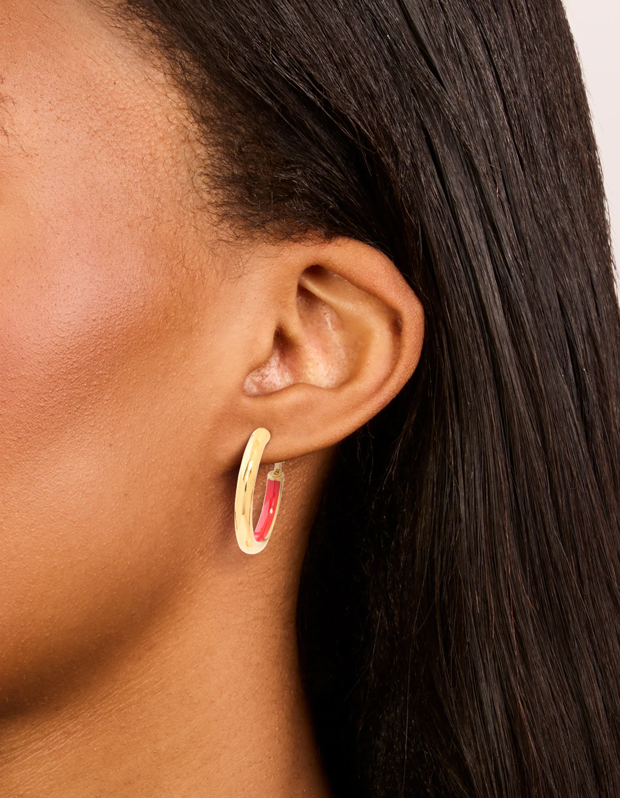 Waterproof Gold Plated Stainless Steel Half Red Enamel Hoop Earrings - Image 2