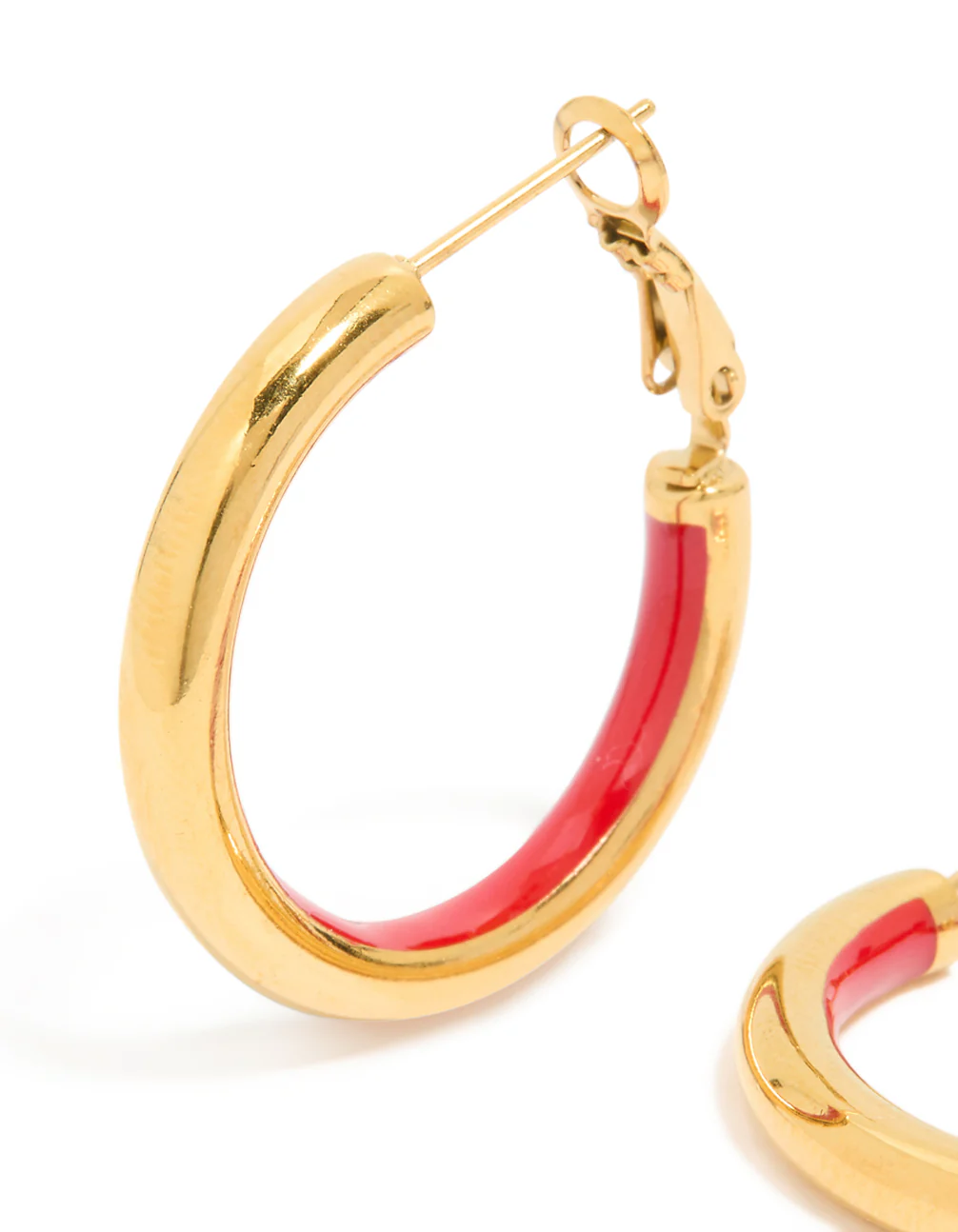 Waterproof Gold Plated Stainless Steel Half Red Enamel Hoop Earrings - Image 4