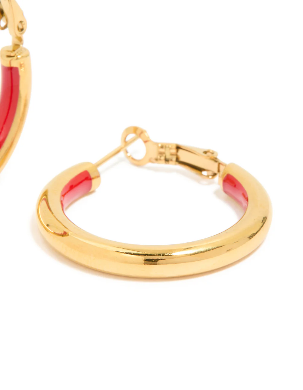 Waterproof Gold Plated Stainless Steel Half Red Enamel Hoop Earrings - Image 5
