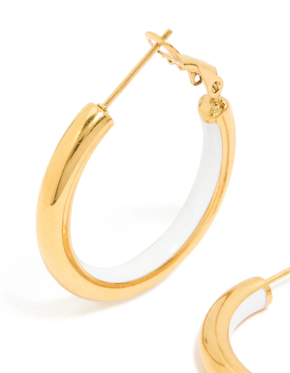 Waterproof Gold Plated Stainless Steel Half White Enamel Hoop Earrings - Image 4