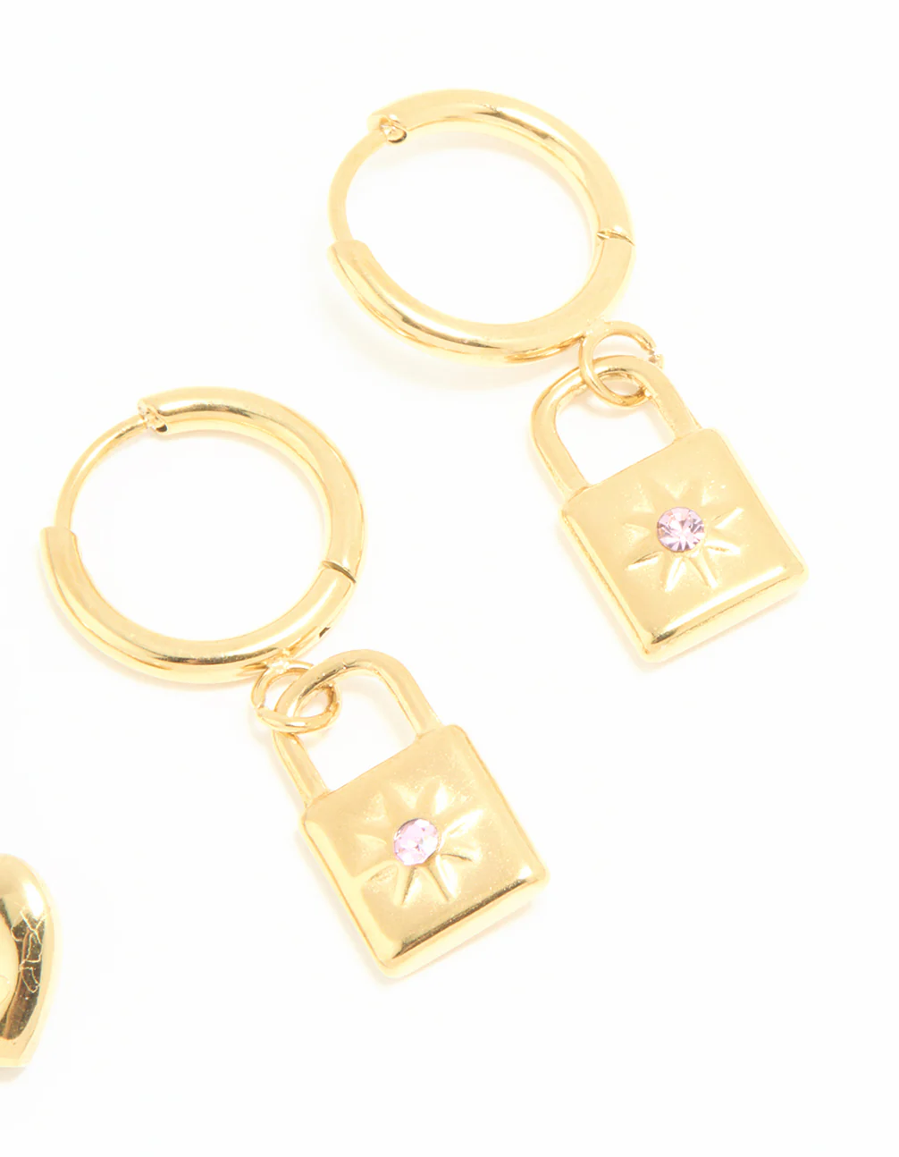Waterproof Gold Plated Stainless Steel Heart & Lock Huggie Earrings 2-Pack - Image 5
