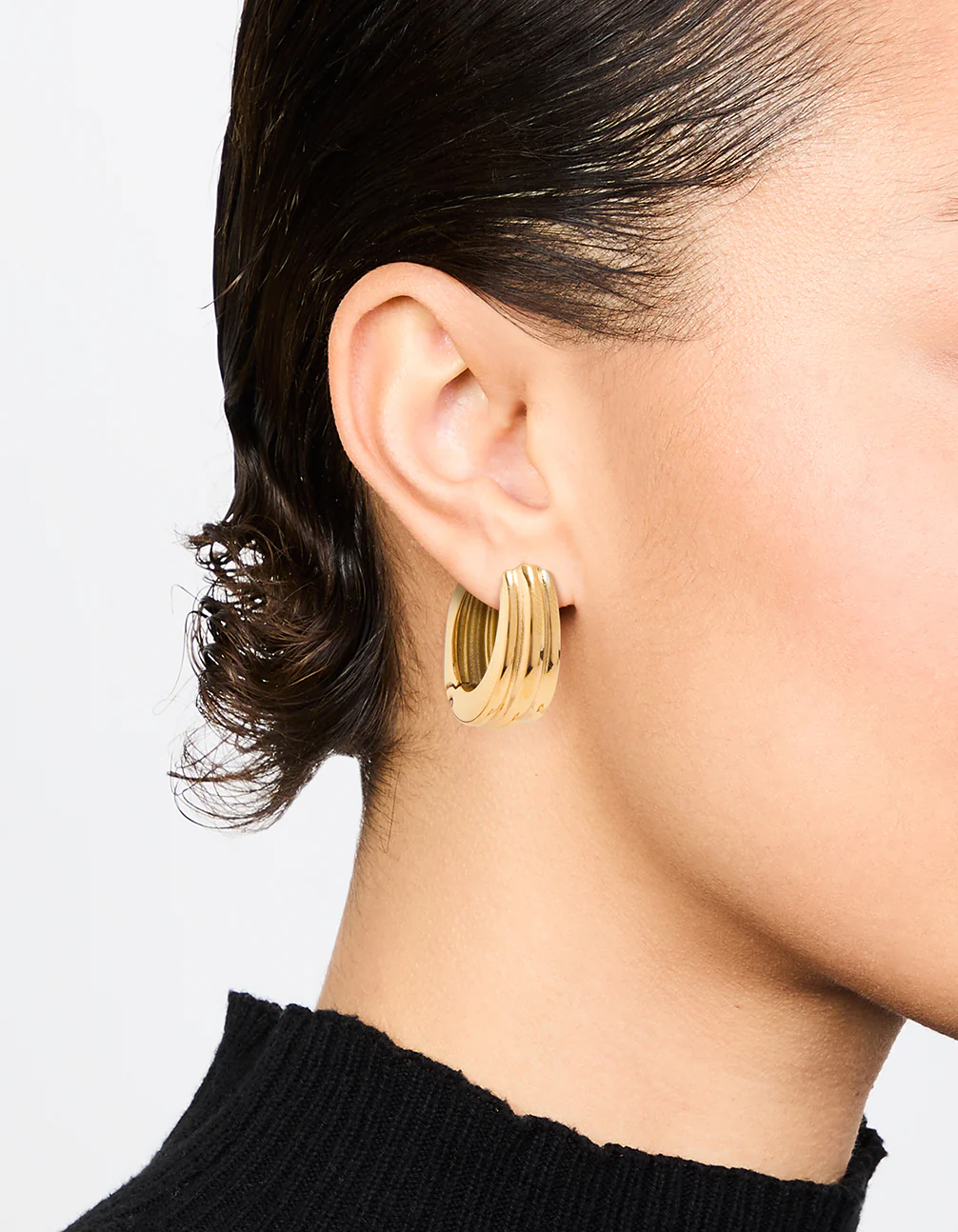 Waterproof Gold Plated Stainless Steel Hinged Hoop Indented Earrings - Image 2