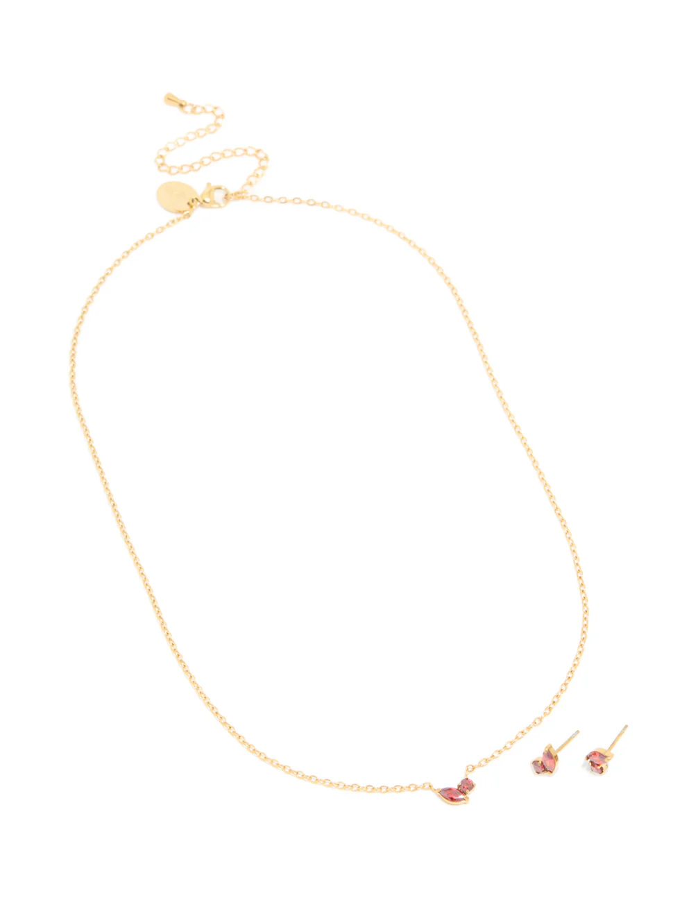 Waterproof Gold Plated Stainless Steel January Red Cubic Zirconia Birthstone Necklace & Earrings Set - Image 2