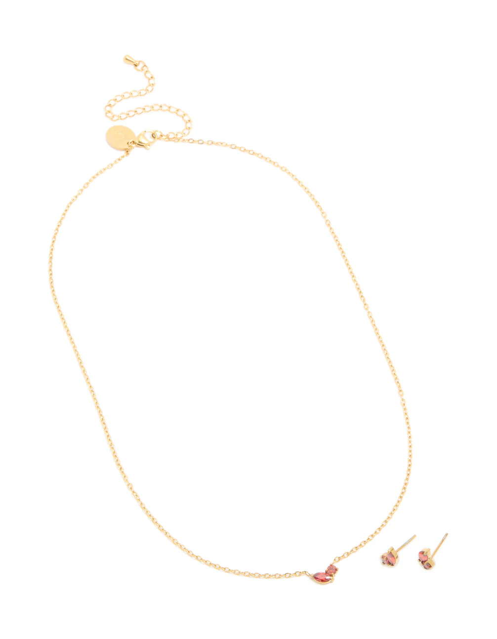 Waterproof Gold Plated Stainless Steel July Red Cubic Zirconia Birthstone Necklace & Earrings Set - Image 2