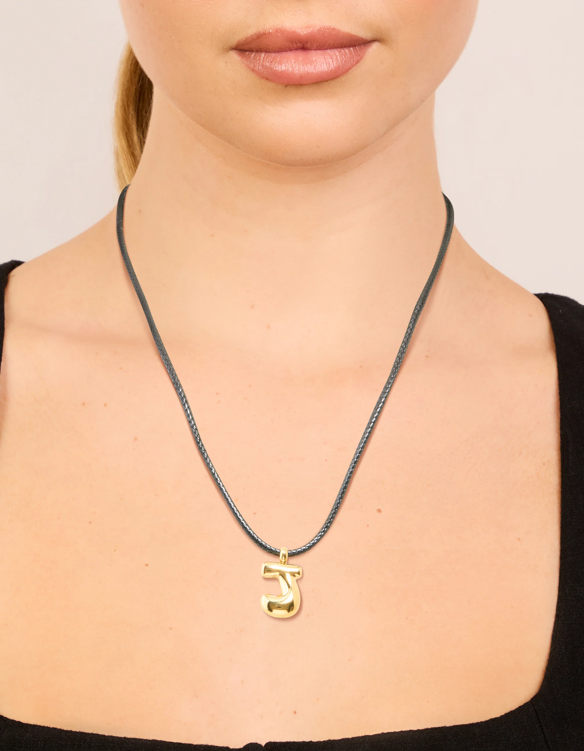 Waterproof Gold Plated Stainless Steel Large Bubble Letter J Cord Necklace - Image 2