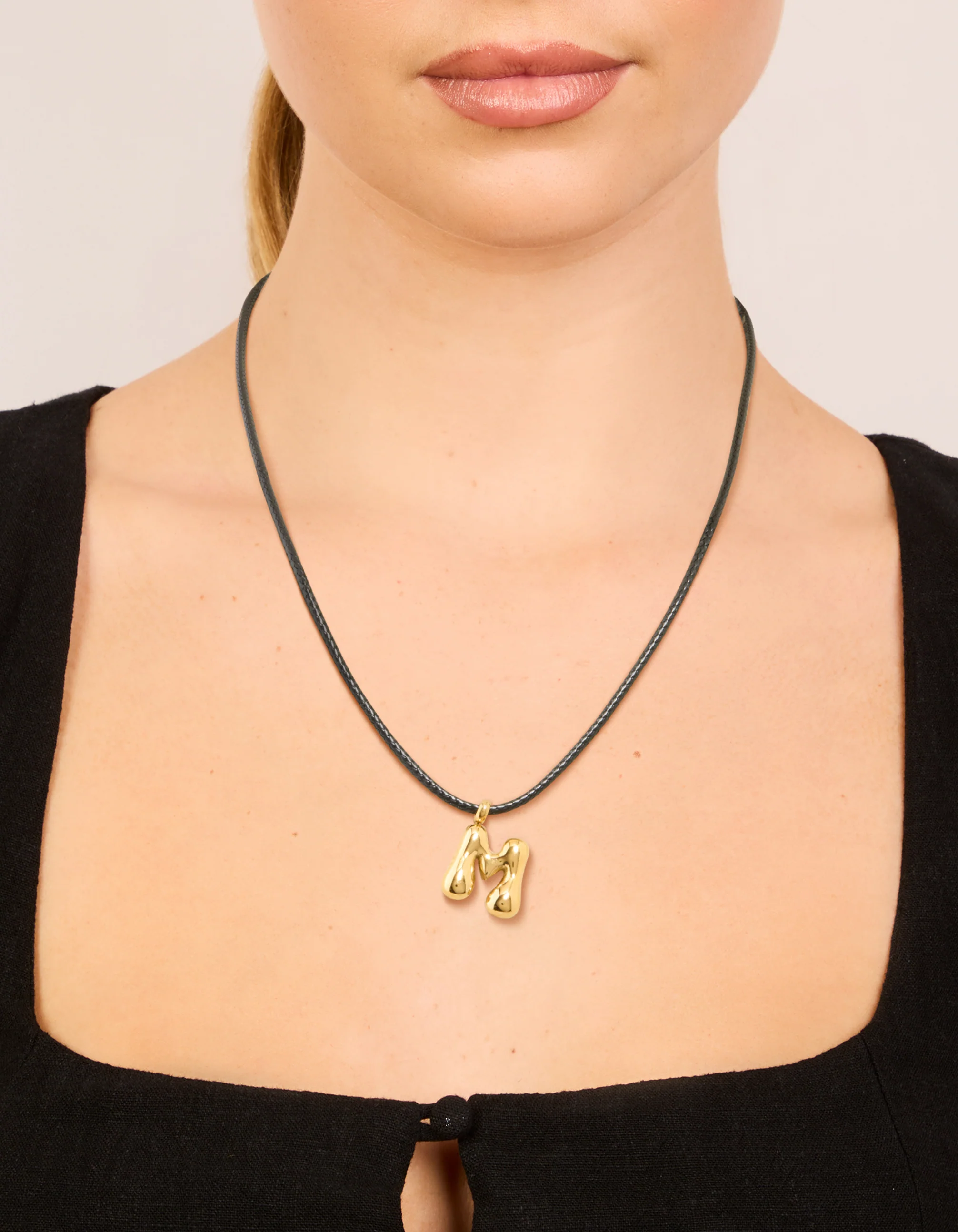 Waterproof Gold Plated Stainless Steel Large Bubble Letter M Cord Necklace - Image 2