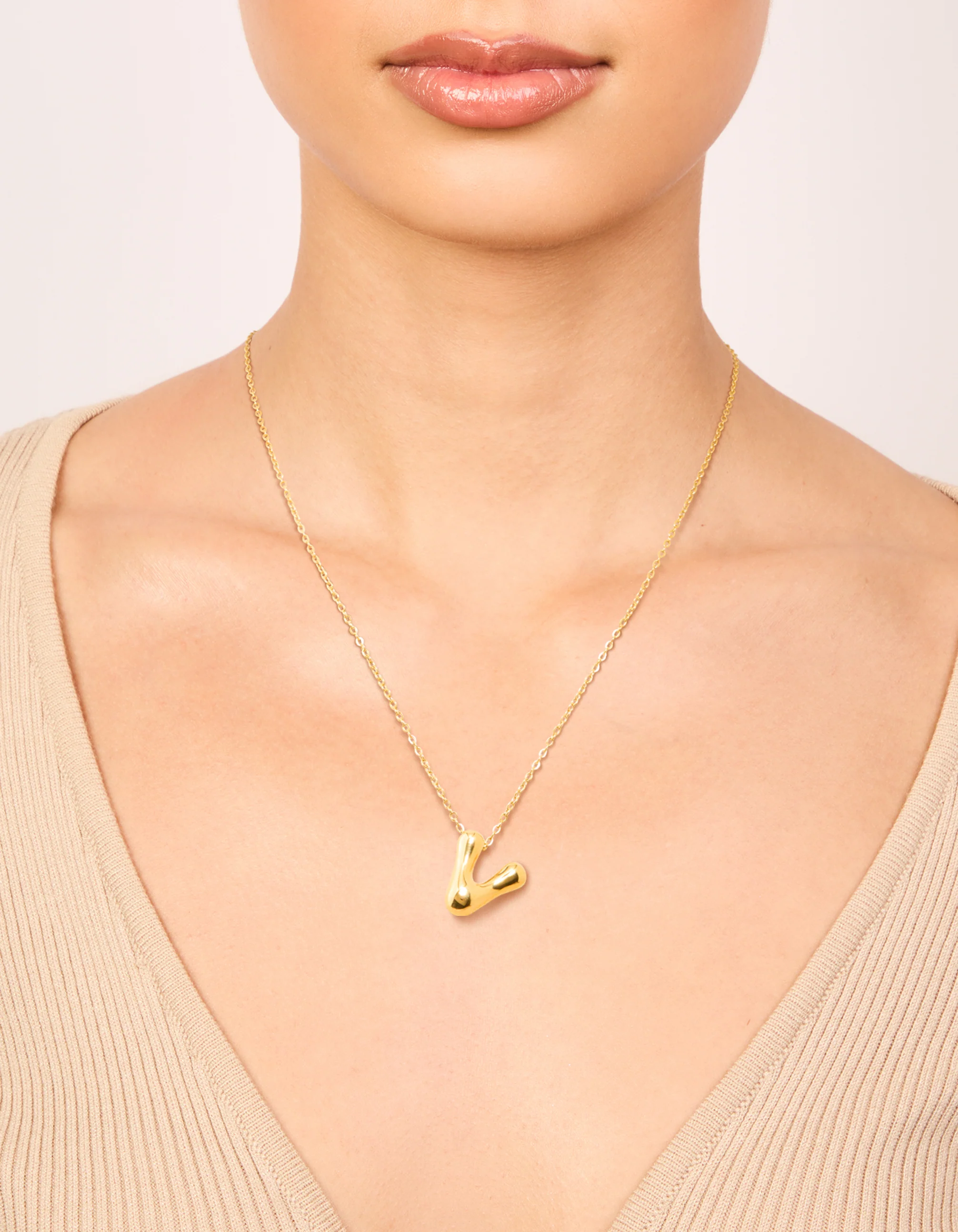 Waterproof Gold Plated Stainless Steel Large Bubble Letter V Necklace - Image 2