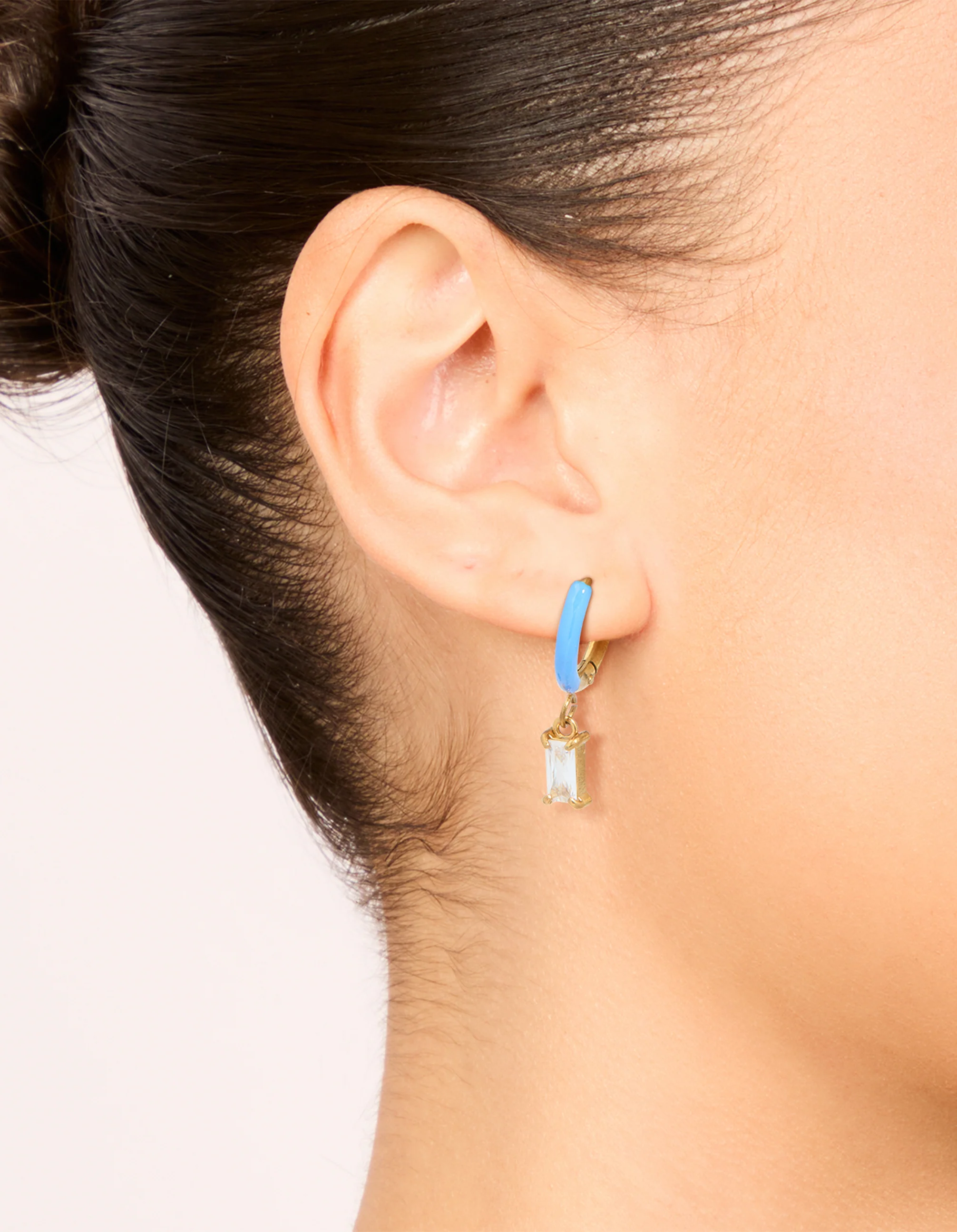 Waterproof Gold Plated Stainless Steel Light Blue Enamel Cubic Zirconia Charm Huggie Earrings - Image 2