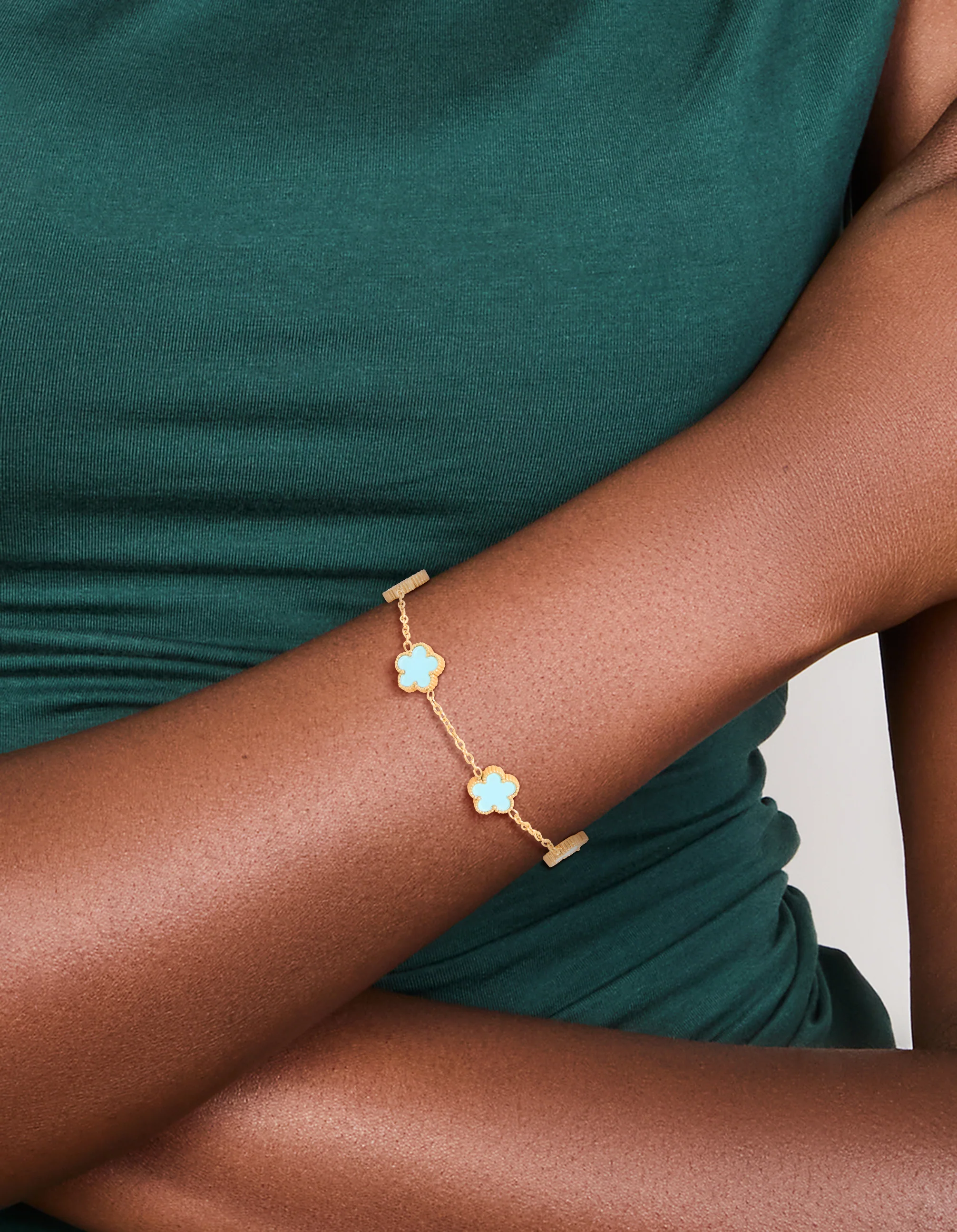 Waterproof Gold Plated Stainless Steel Light Blue Petal Flower Charm Bracelet - Image 2