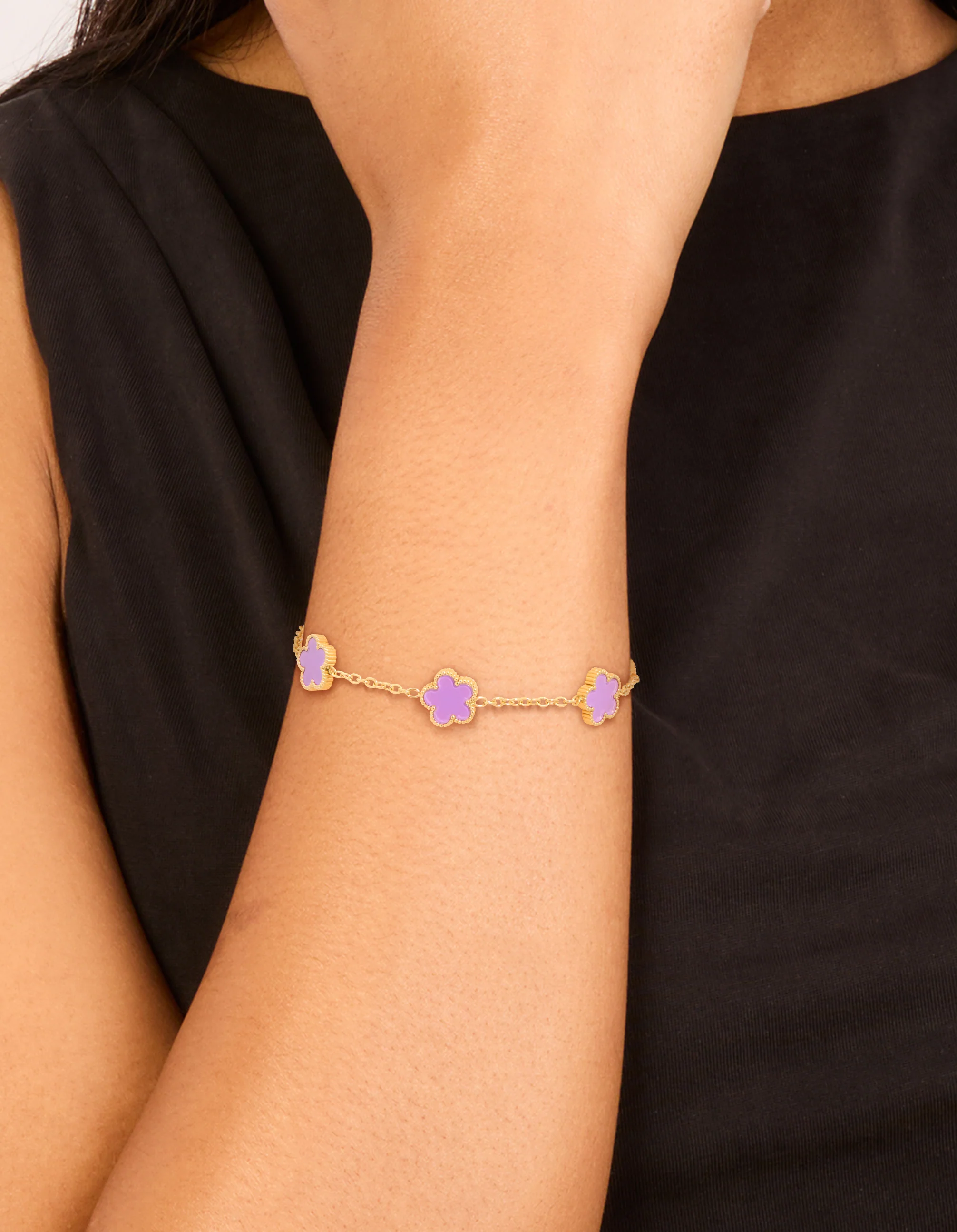 Waterproof Gold Plated Stainless Steel Light Purple Petal Flower Charm Bracelet - Image 2