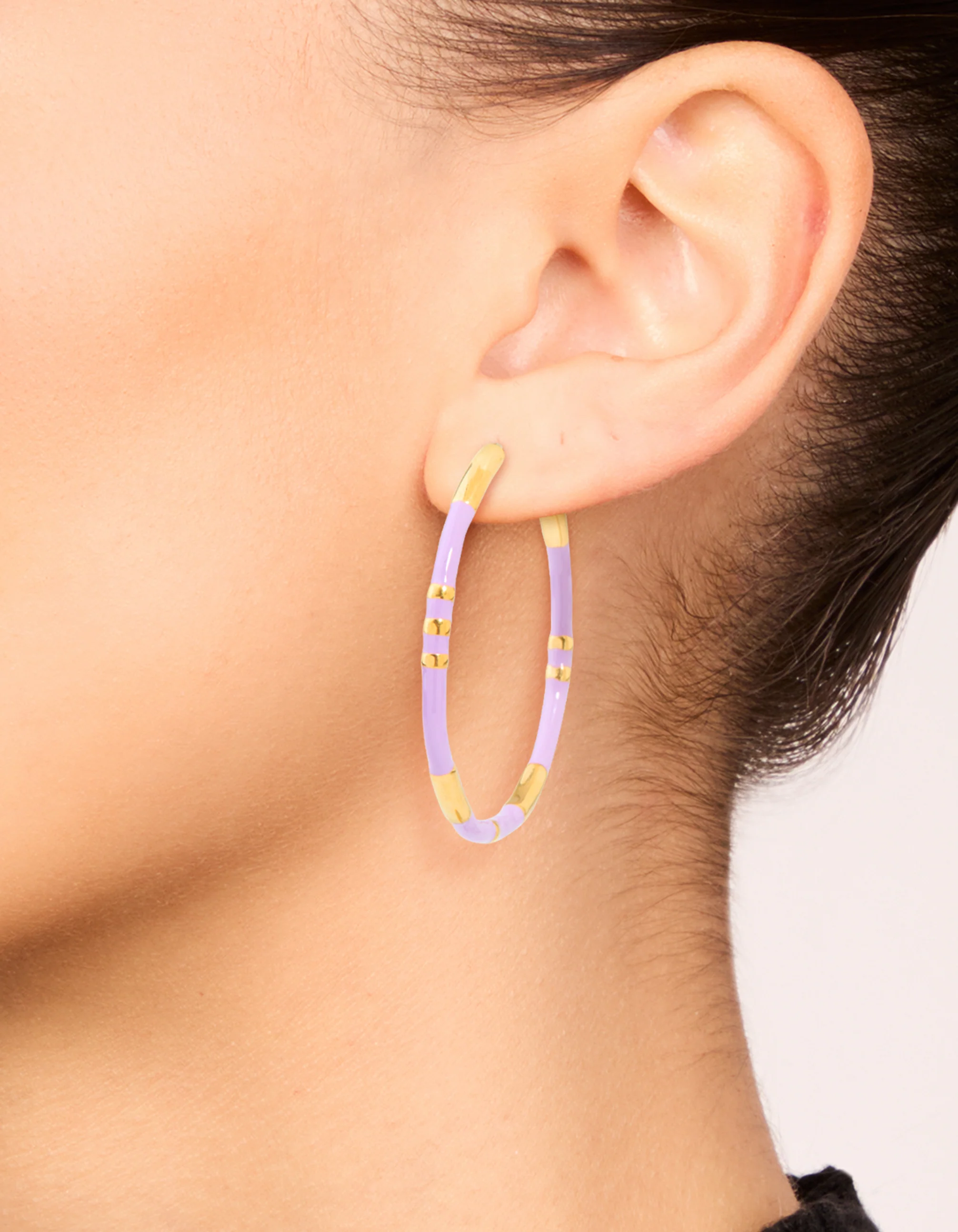 Waterproof Gold Plated Stainless Steel Lilac Enamel Hoop Earrings - Image 2