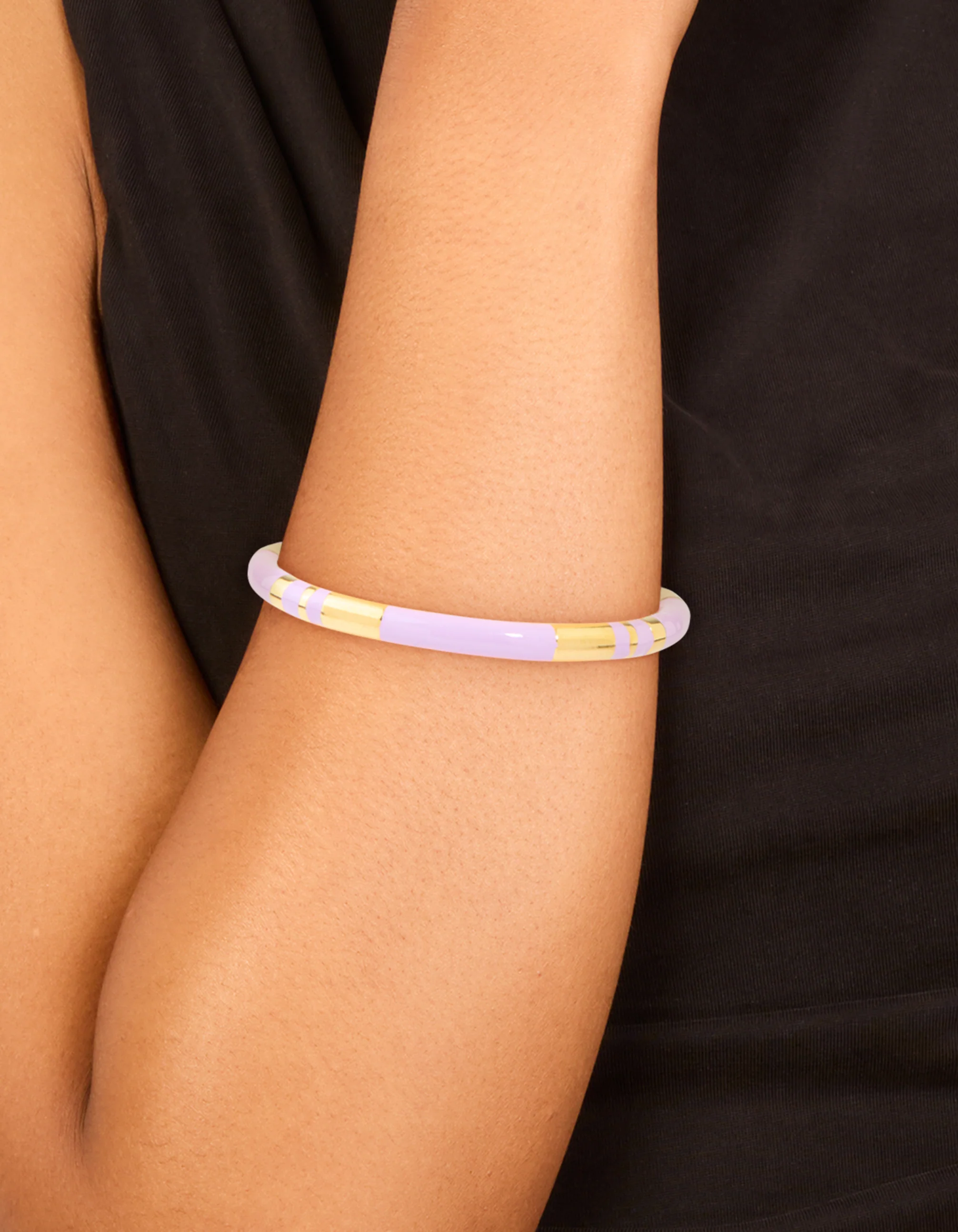 Waterproof Gold Plated Stainless Steel Lilac Enamel Striped Wrist Cuff - Image 3
