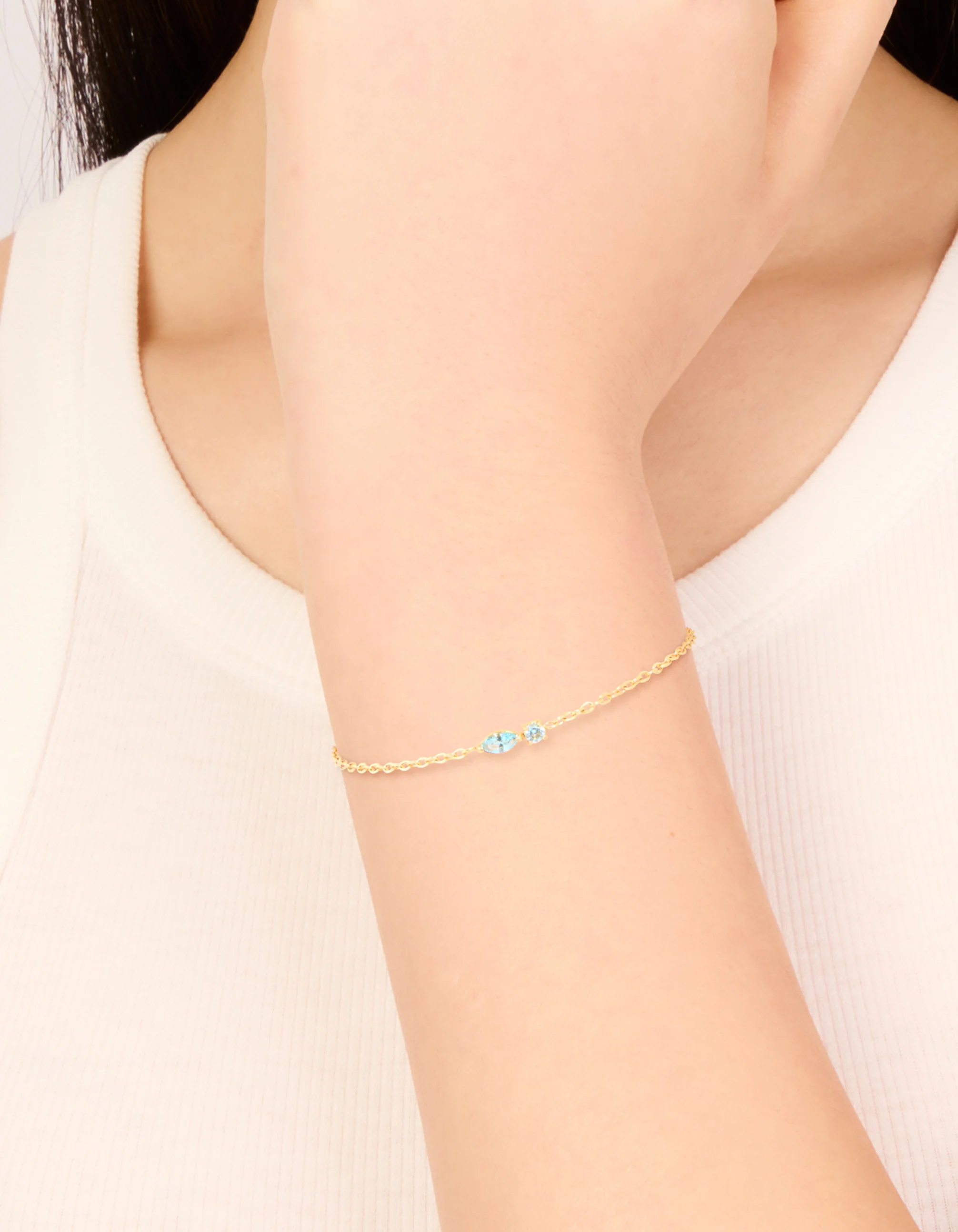 Waterproof Gold Plated Stainless Steel March Light Blue Cubic Zirconia Birthstone Bracelet - Image 2