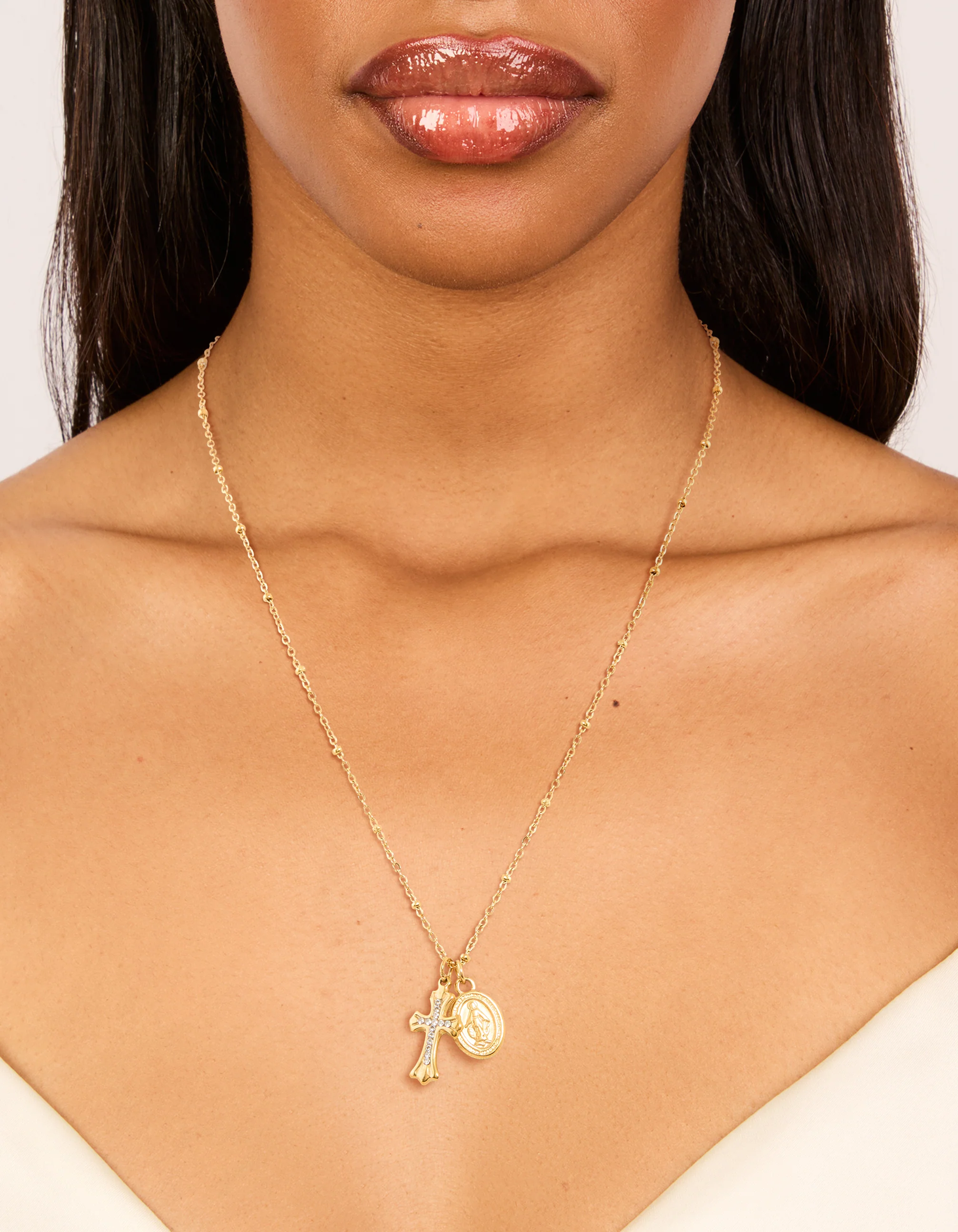 Waterproof Gold Plated Stainless Steel Mary & Cross Necklace - Image 2