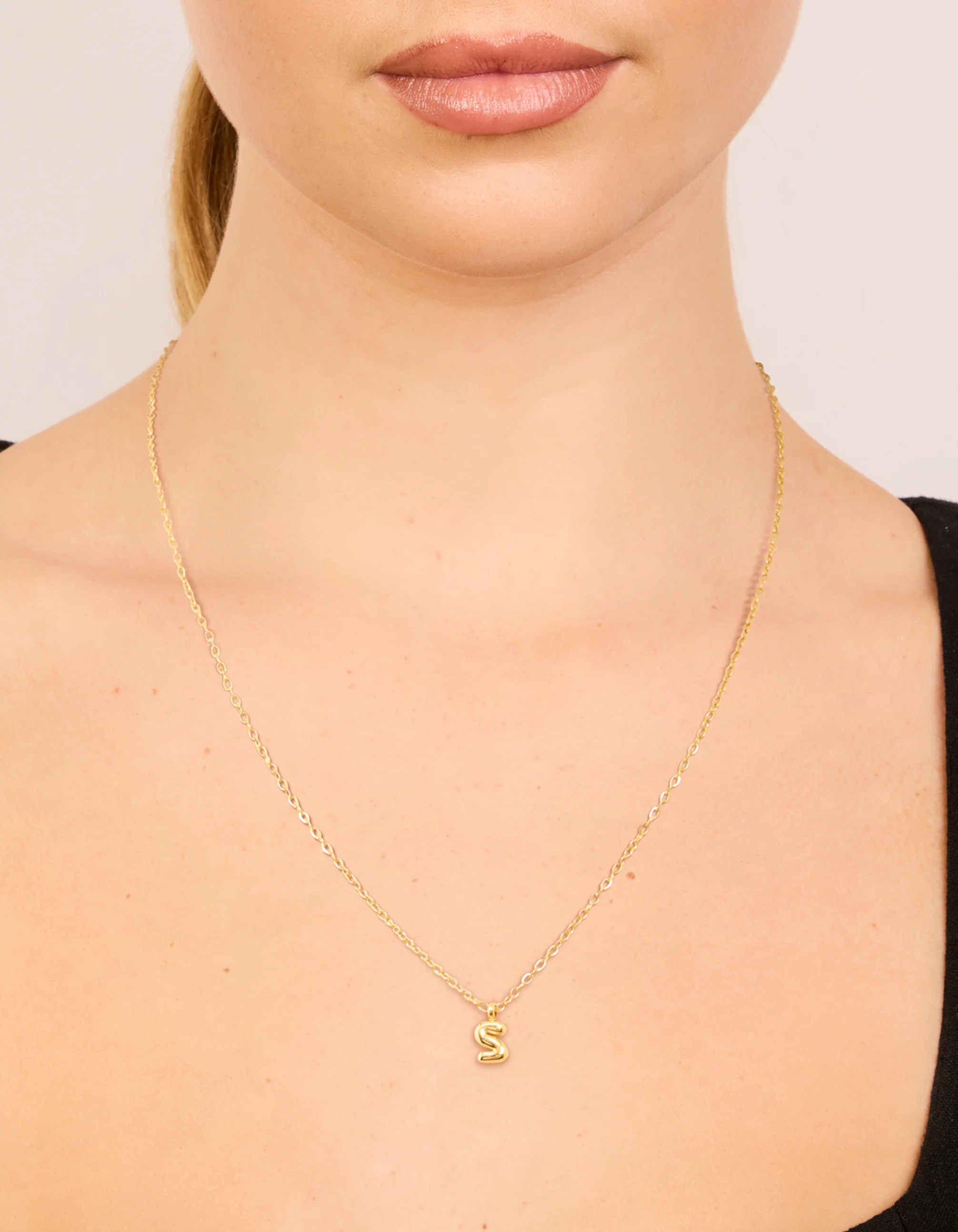 Waterproof Gold Plated Stainless Steel Mini Bubble Letter S Necklace - Image 2