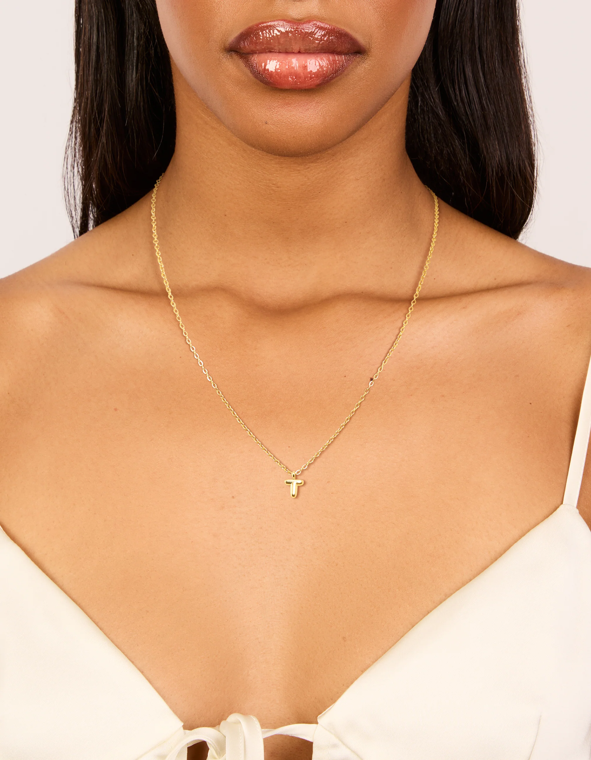 Waterproof Gold Plated Stainless Steel Mini Bubble Letter T Necklace - Image 2
