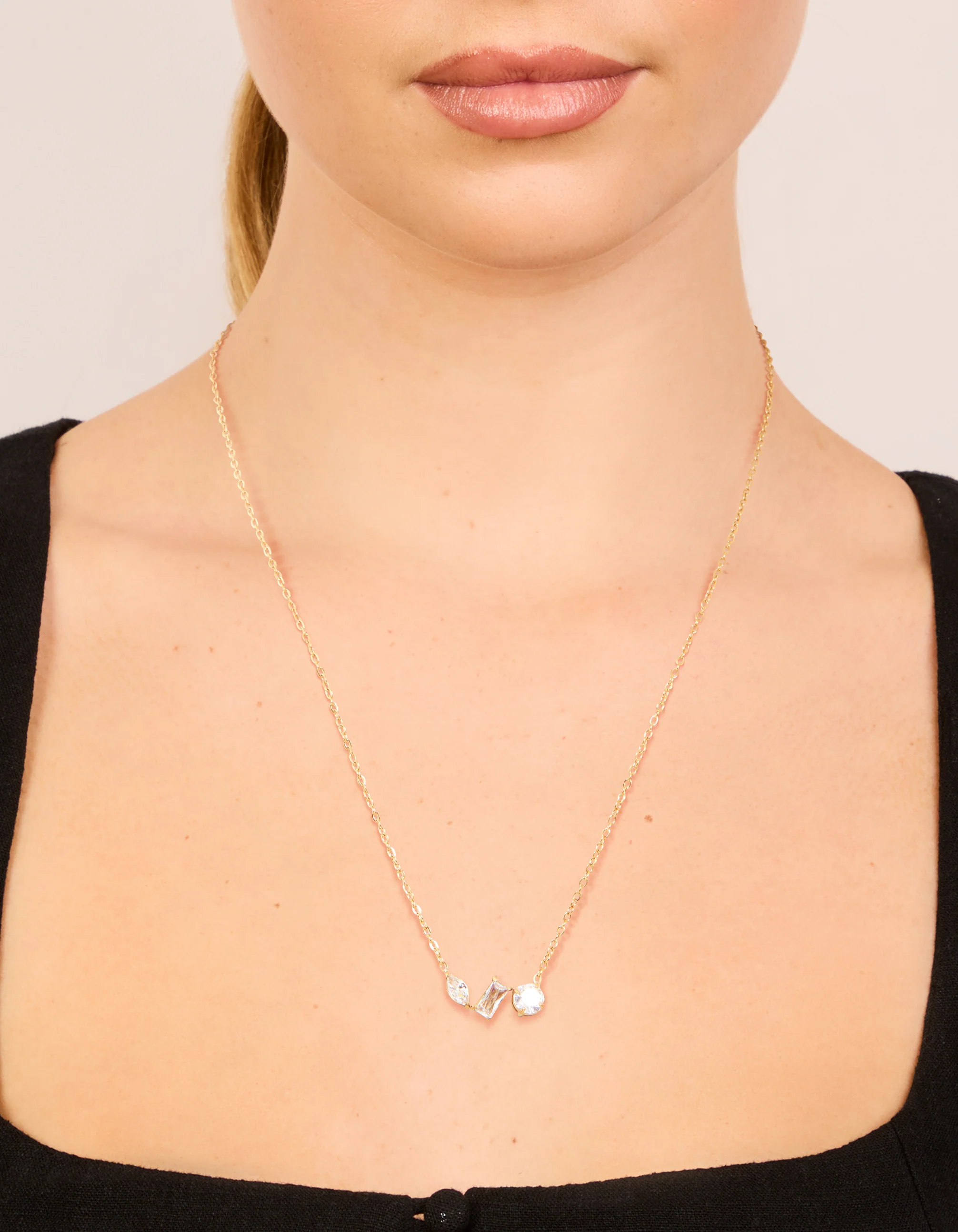 Waterproof Gold Plated Stainless Steel Mixed Shape Cubic Zirconia Trio Necklace - Image 2