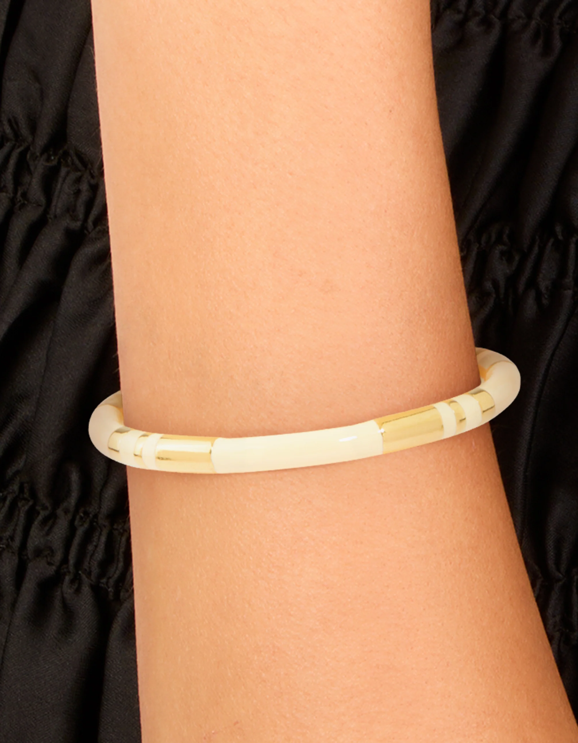 Waterproof Gold Plated Stainless Steel Neutral Toned Enamel Striped Wrist Cuff - Image 3