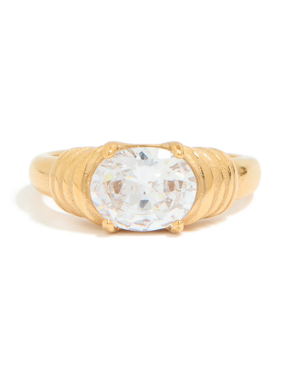 Waterproof Gold Plated Stainless Steel Oval Cubic Zirconia Ribbed Ring - Image 3