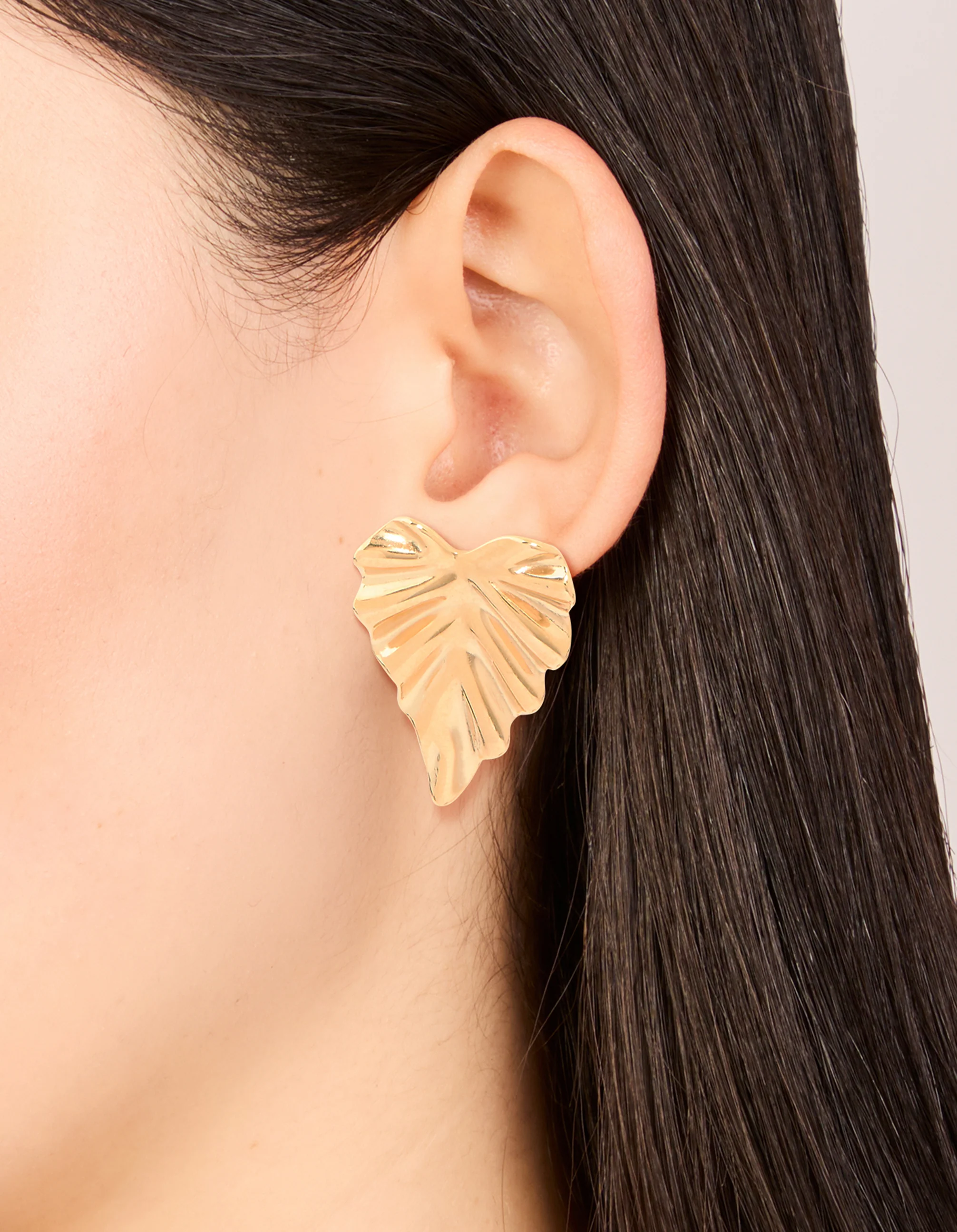 Waterproof Gold Plated Stainless Steel Palm Leaf Statement Stud Earrings - Image 2