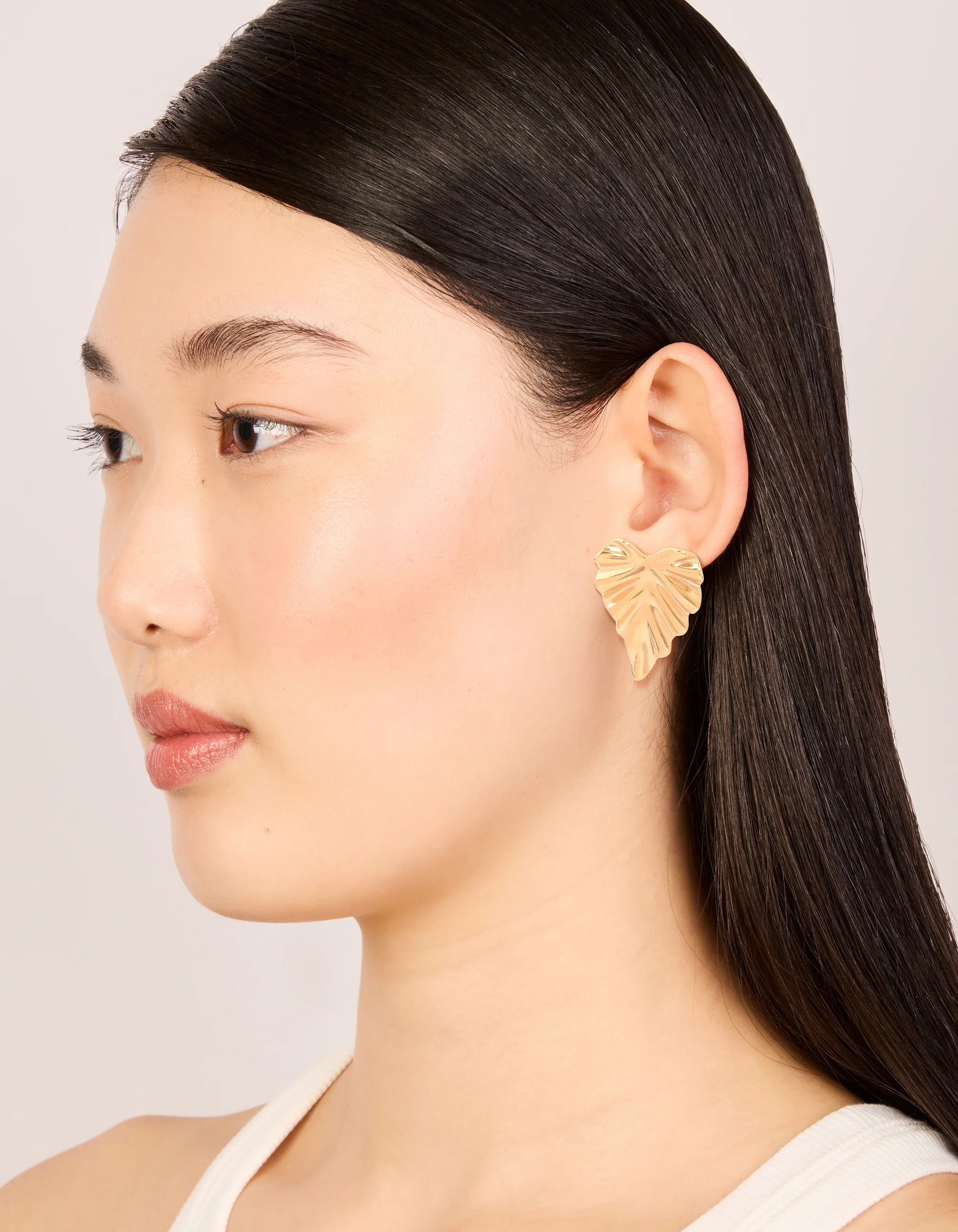 Waterproof Gold Plated Stainless Steel Palm Leaf Statement Stud Earrings - Image 3