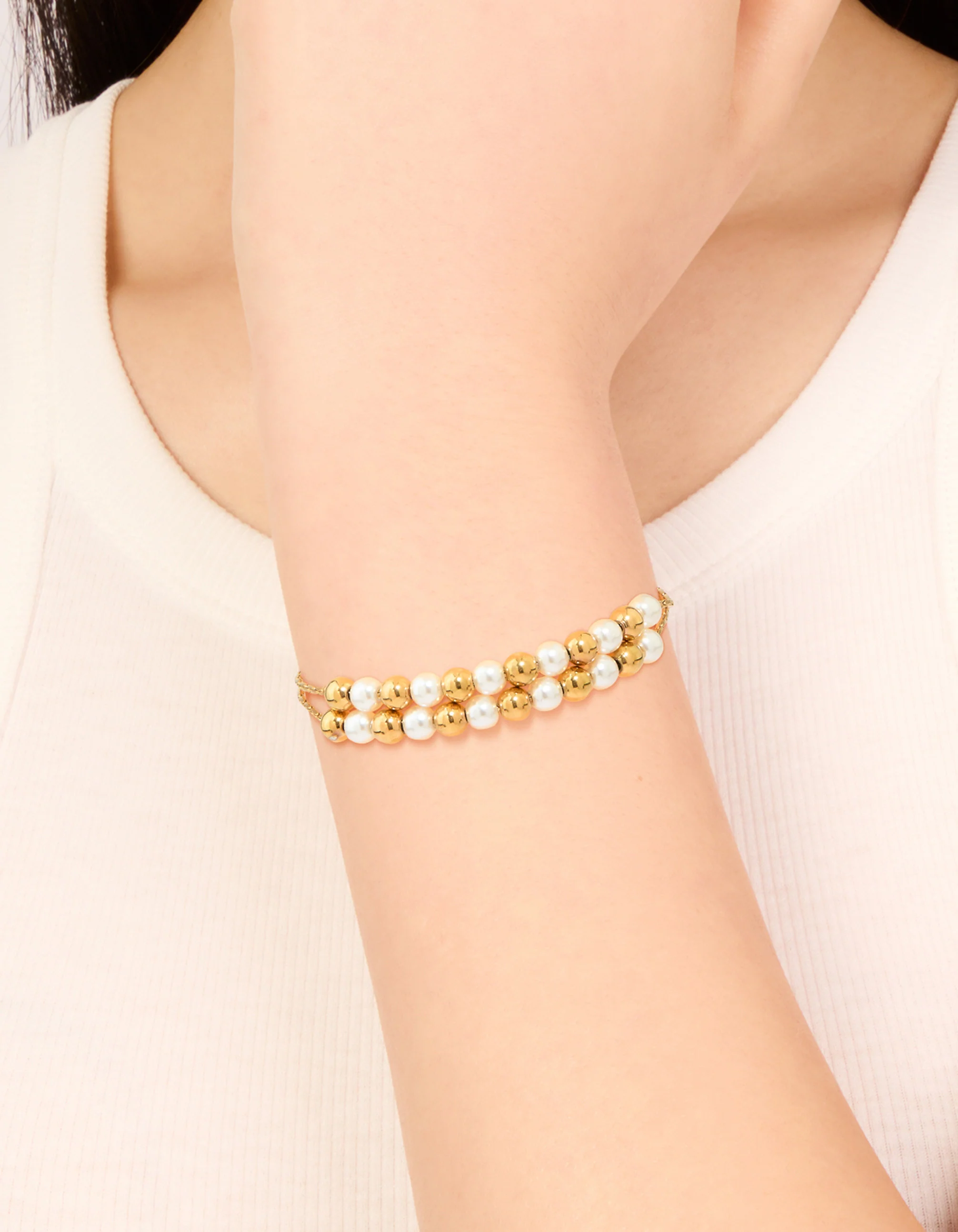 Waterproof Gold Plated Stainless Steel Pearl & Ball Layered Bracelet - Image 6