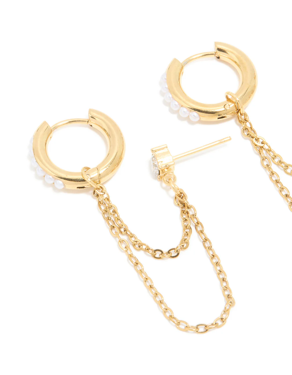 Waterproof Gold Plated Stainless Steel Pearl Cubic Zirconia Chain & Huggie Earrings Pack - Image 4