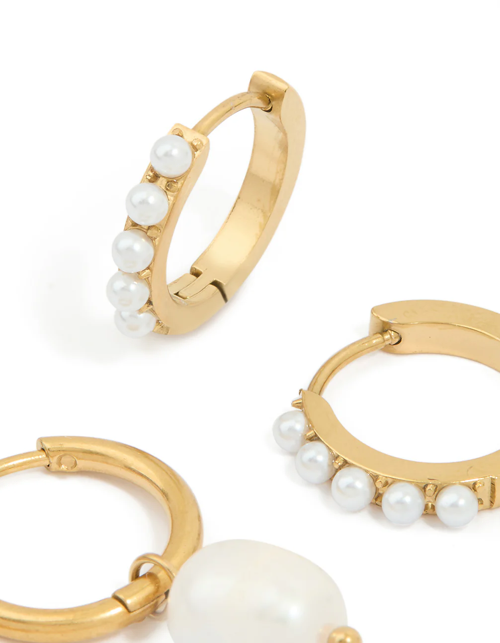 Waterproof Gold Plated Stainless Steel Pearl Detail Huggie Earrings 2-Pack - Image 4