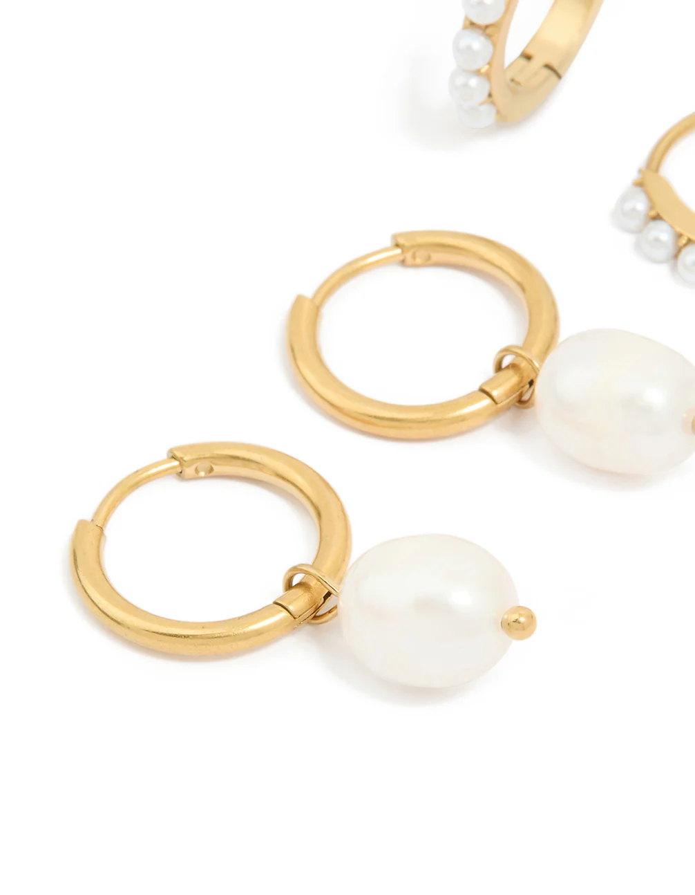 Waterproof Gold Plated Stainless Steel Pearl Detail Huggie Earrings 2-Pack - Image 5