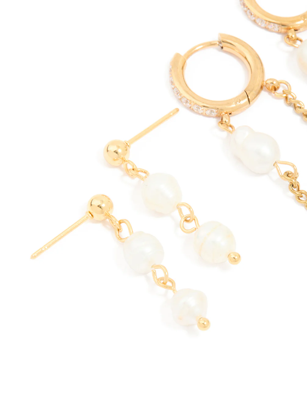 Waterproof Gold Plated Stainless Steel Pearl Drop & Chain Earrings 2-Pack - Image 4