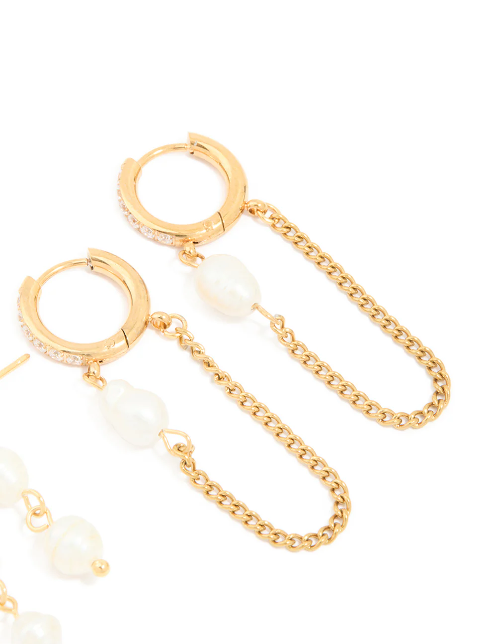 Waterproof Gold Plated Stainless Steel Pearl Drop & Chain Earrings 2-Pack - Image 5