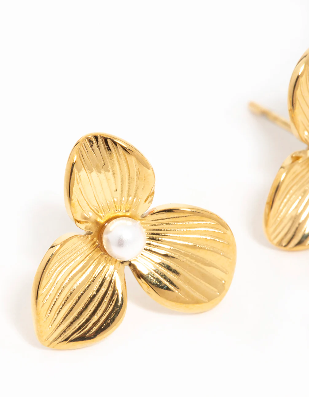 Waterproof Gold Plated Stainless Steel Pearl Flower Stud Earrings - Image 2