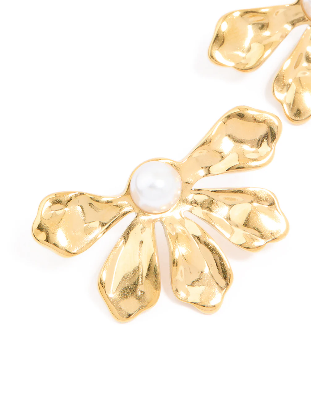 Waterproof Gold Plated Stainless Steel Pearl Half Flower Stud Earrings - Image 4