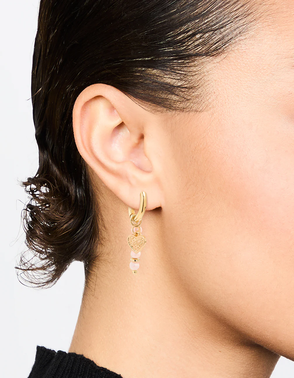 Waterproof Gold Plated Stainless Steel Pearl Heart Drop Huggie Earrings - Image 2