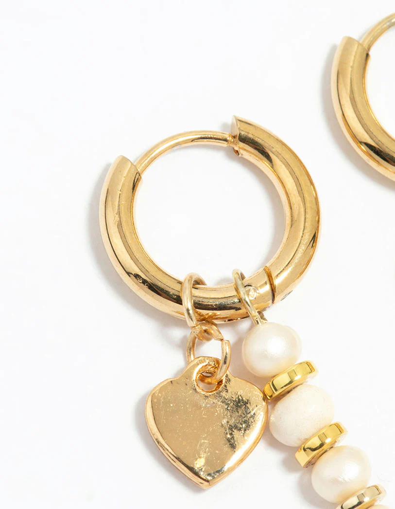 Waterproof Gold Plated Stainless Steel Pearl Heart Drop Huggie Earrings - Image 4