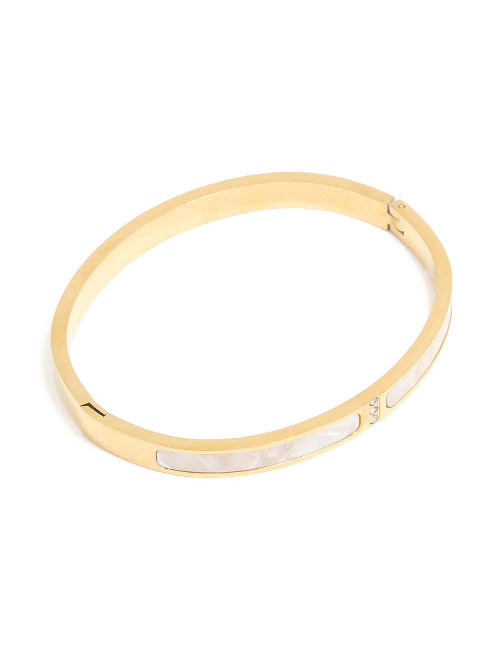 Waterproof Gold Plated Stainless Steel Pearl Inlay Hinge Bangle - Image 2