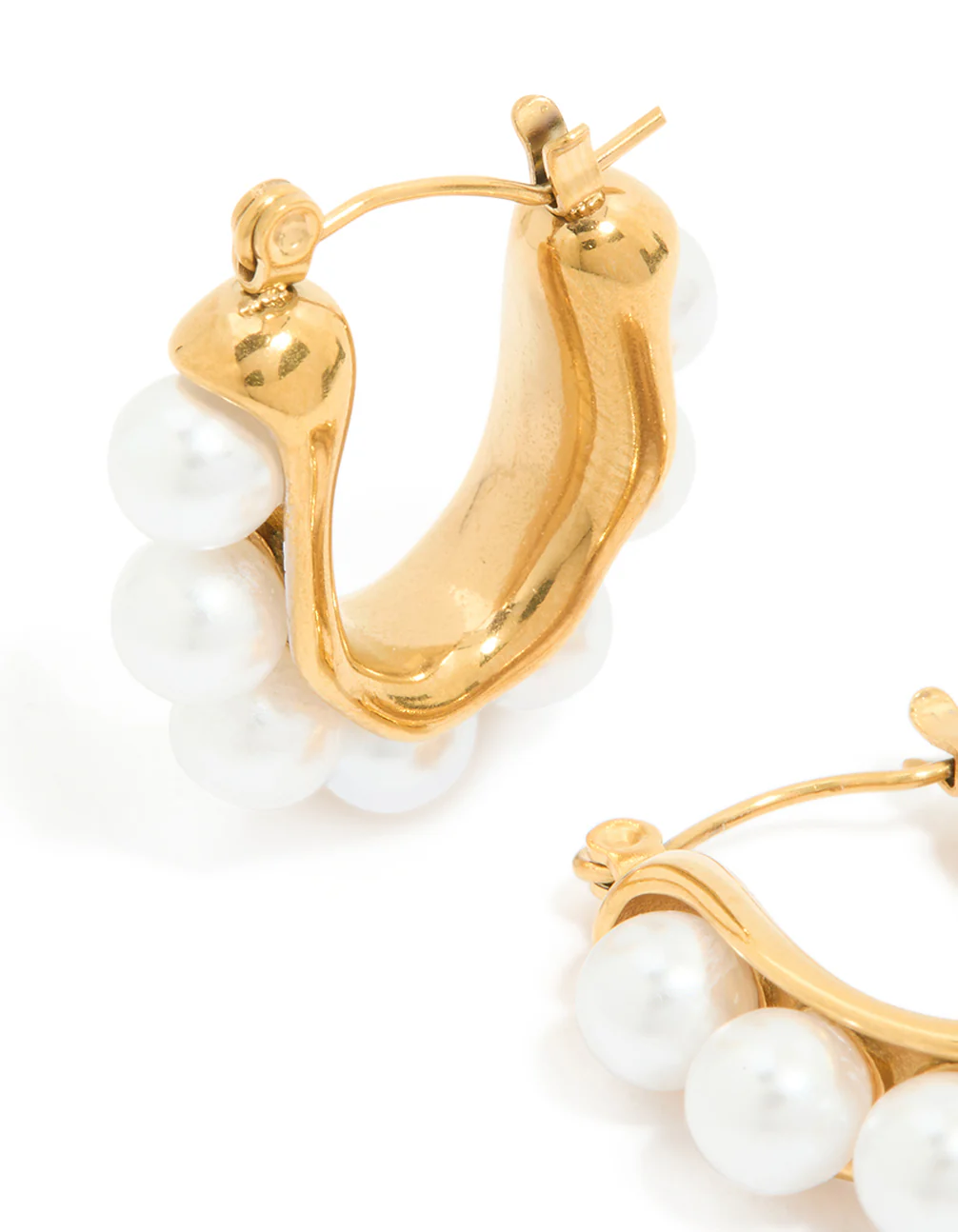 Waterproof Gold Plated Stainless Steel Pearl Puffy Hoop Earrings - Image 2