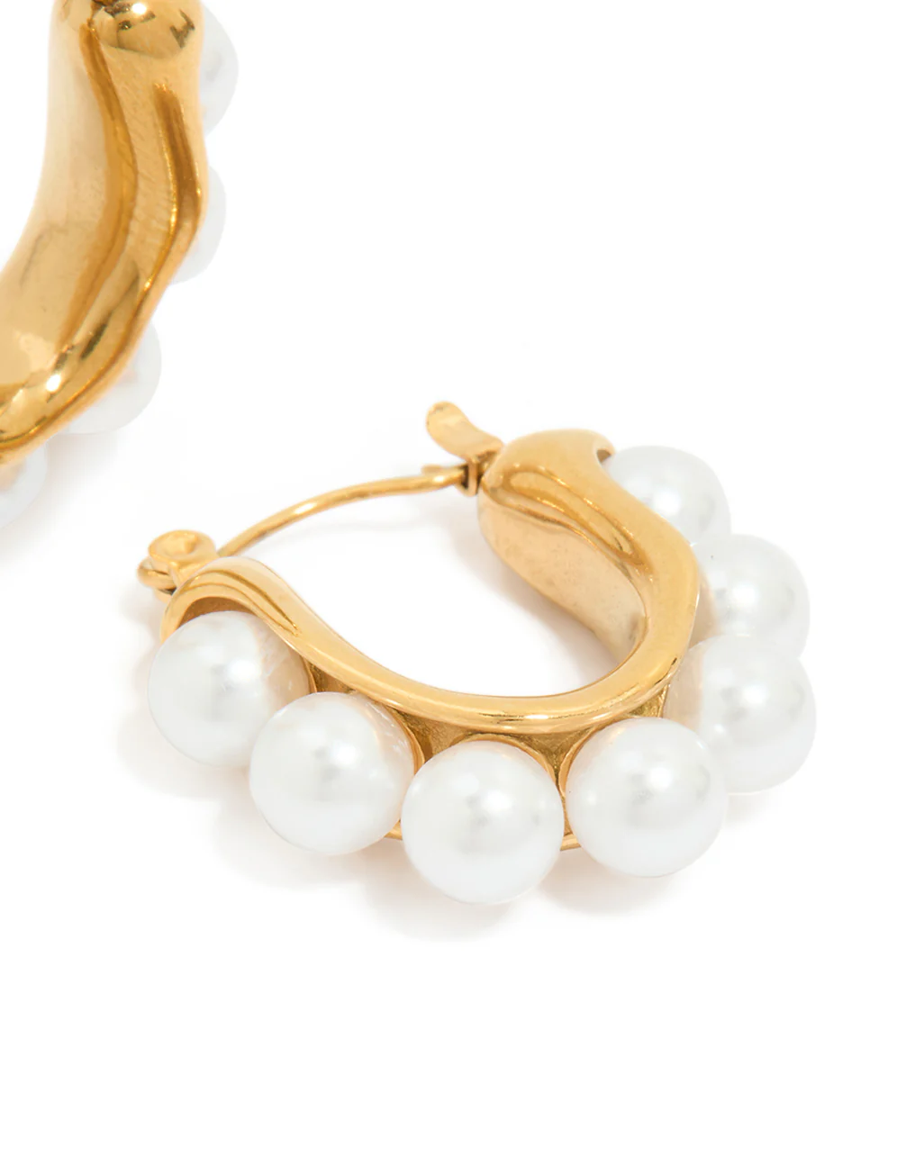 Waterproof Gold Plated Stainless Steel Pearl Puffy Hoop Earrings - Image 3