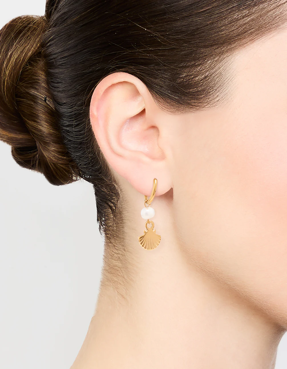 Waterproof Gold Plated Stainless Steel Pearl Shell Drop Huggie Earrings - Image 2