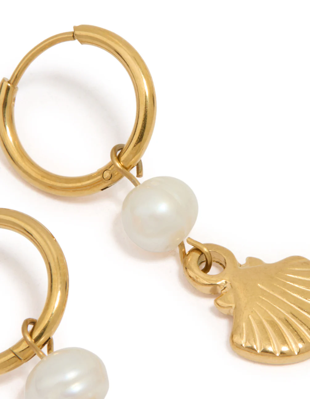 Waterproof Gold Plated Stainless Steel Pearl Shell Drop Huggie Earrings - Image 5