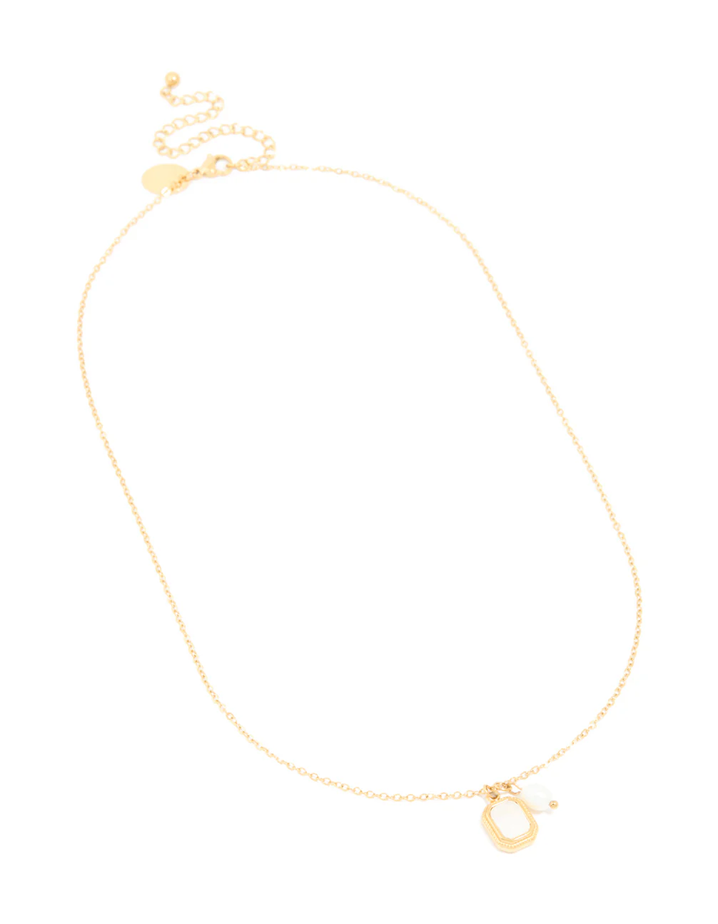 Waterproof Gold Plated Stainless Steel Pearl & Square Pendant Necklace Set - Image 2