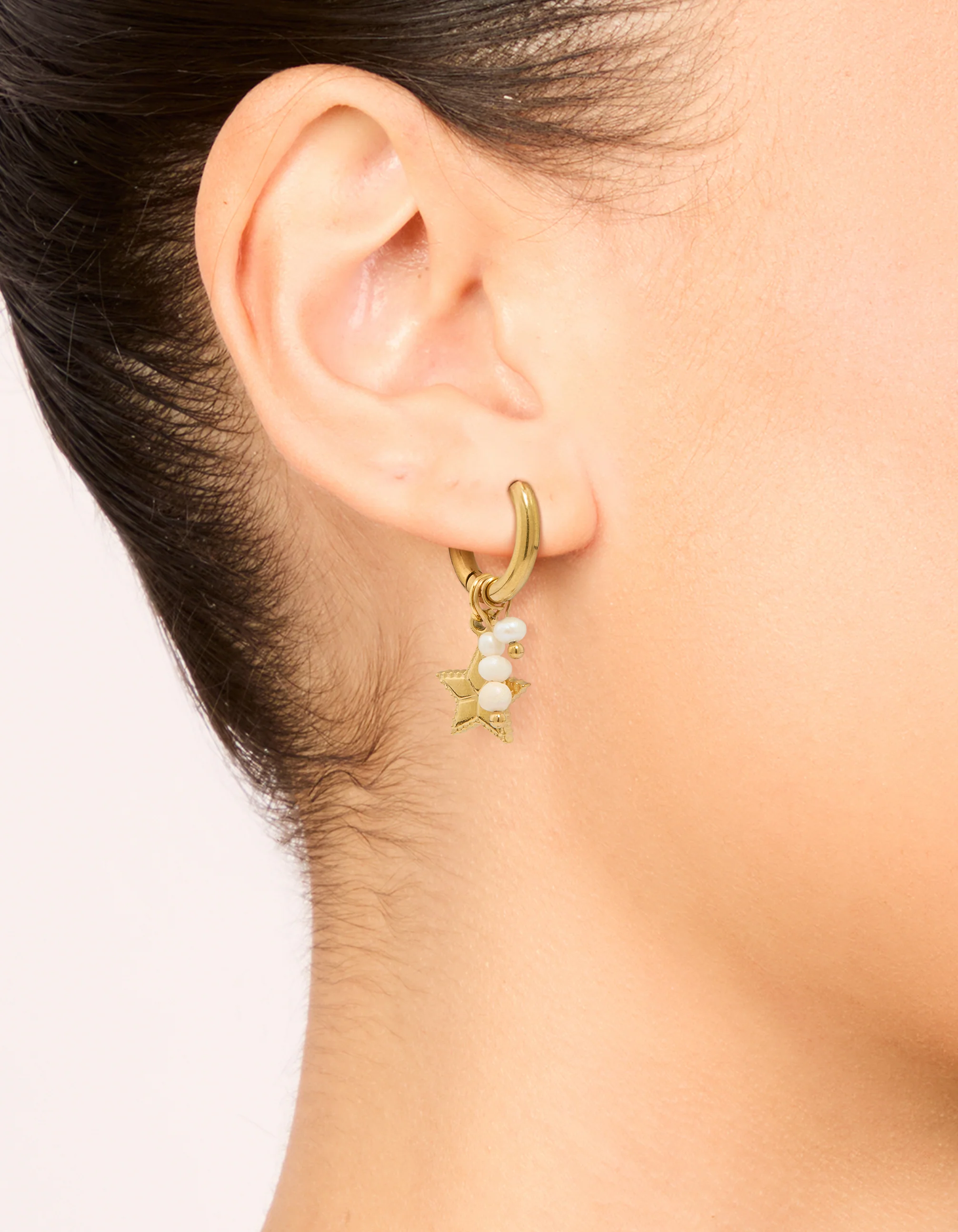 Waterproof Gold Plated Stainless Steel Pearl Star Huggie Earrings - Image 2
