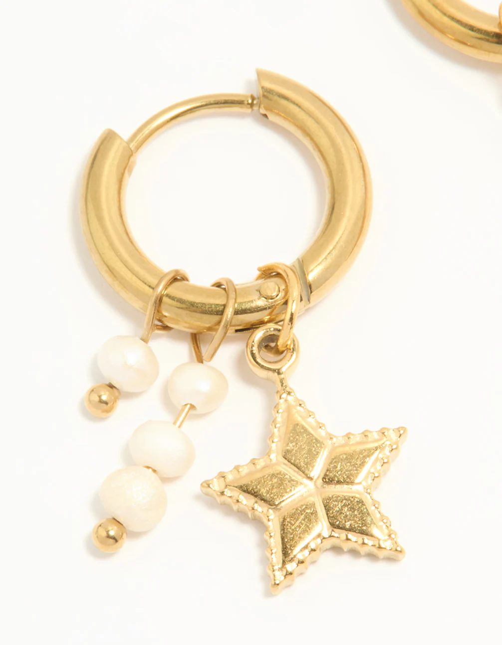 Waterproof Gold Plated Stainless Steel Pearl Star Huggie Earrings - Image 4