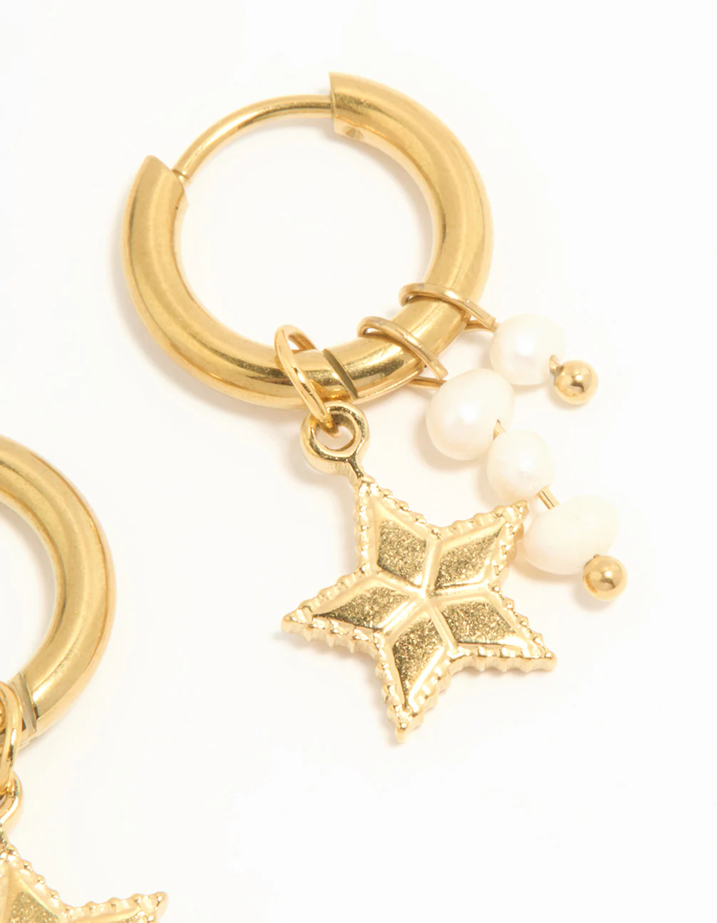 Waterproof Gold Plated Stainless Steel Pearl Star Huggie Earrings - Image 5