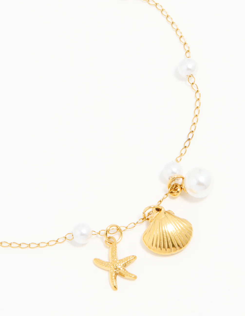 Waterproof Gold Plated Stainless Steel Pearl Star & Shell Charm Anklet - Image 2