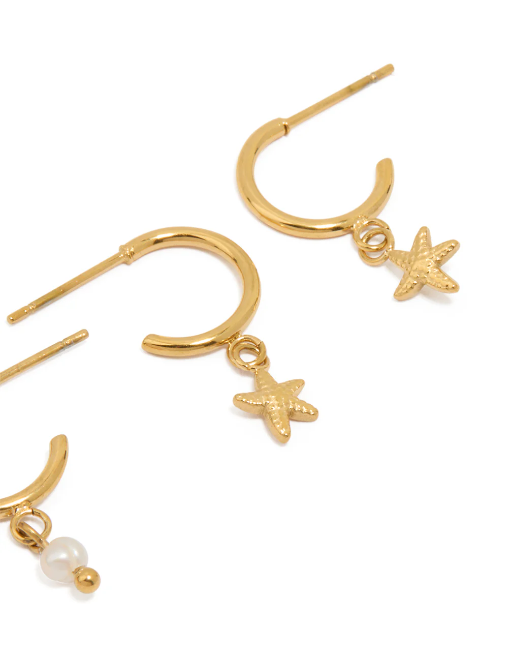 Waterproof Gold Plated Stainless Steel Pearl & Starfish Hoop Earrings 2-Pack - Image 3