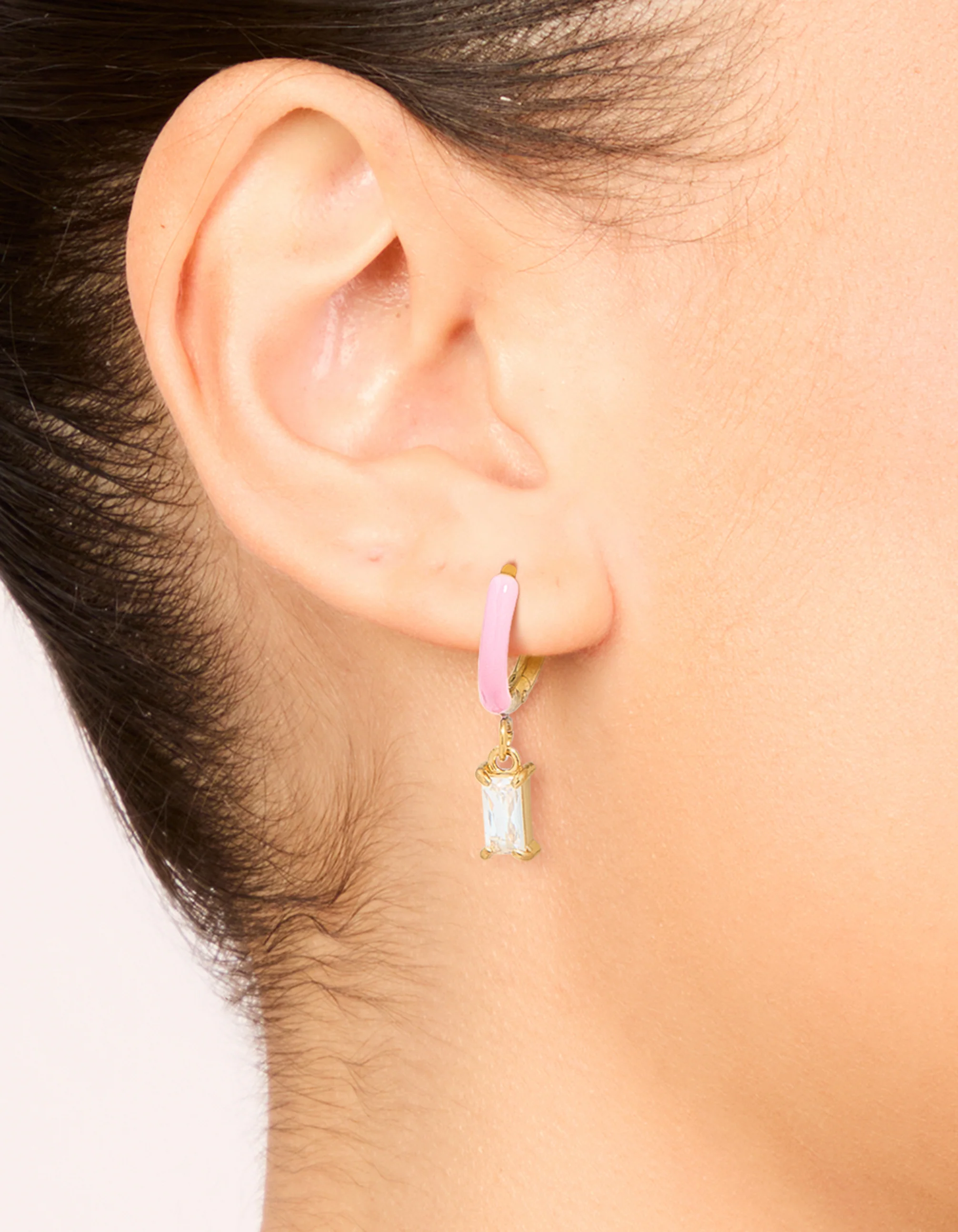 Waterproof Gold Plated Stainless Steel Pink Enamel Cubic Zirconia Charm Huggie Earrings - Image 2