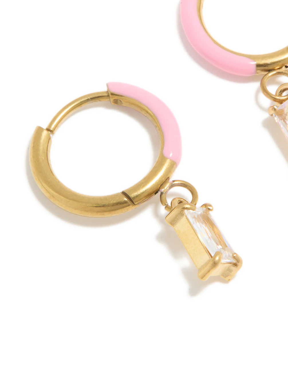 Waterproof Gold Plated Stainless Steel Pink Enamel Cubic Zirconia Charm Huggie Earrings - Image 4