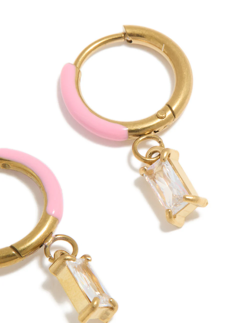 Waterproof Gold Plated Stainless Steel Pink Enamel Cubic Zirconia Charm Huggie Earrings - Image 5